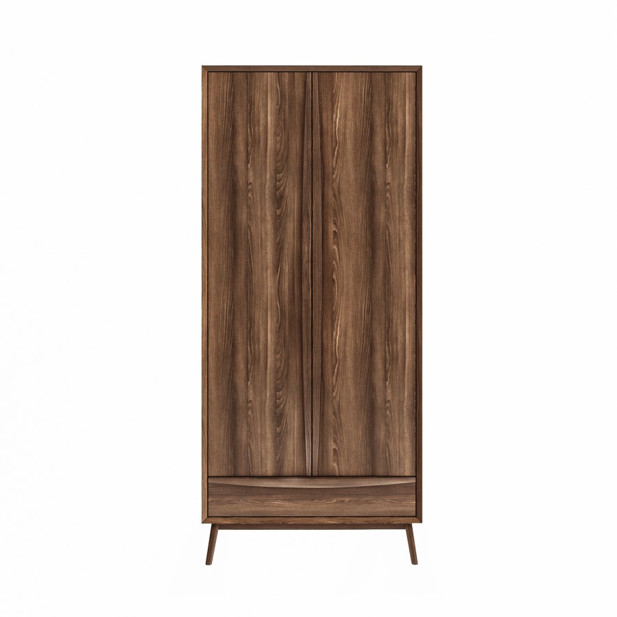 Walnut Mid-Century Double Wardrobe with Drawer - Frances