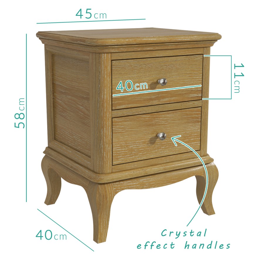 Fonteyn Solid Oak Bedside Table with 2 Drawers - French Style