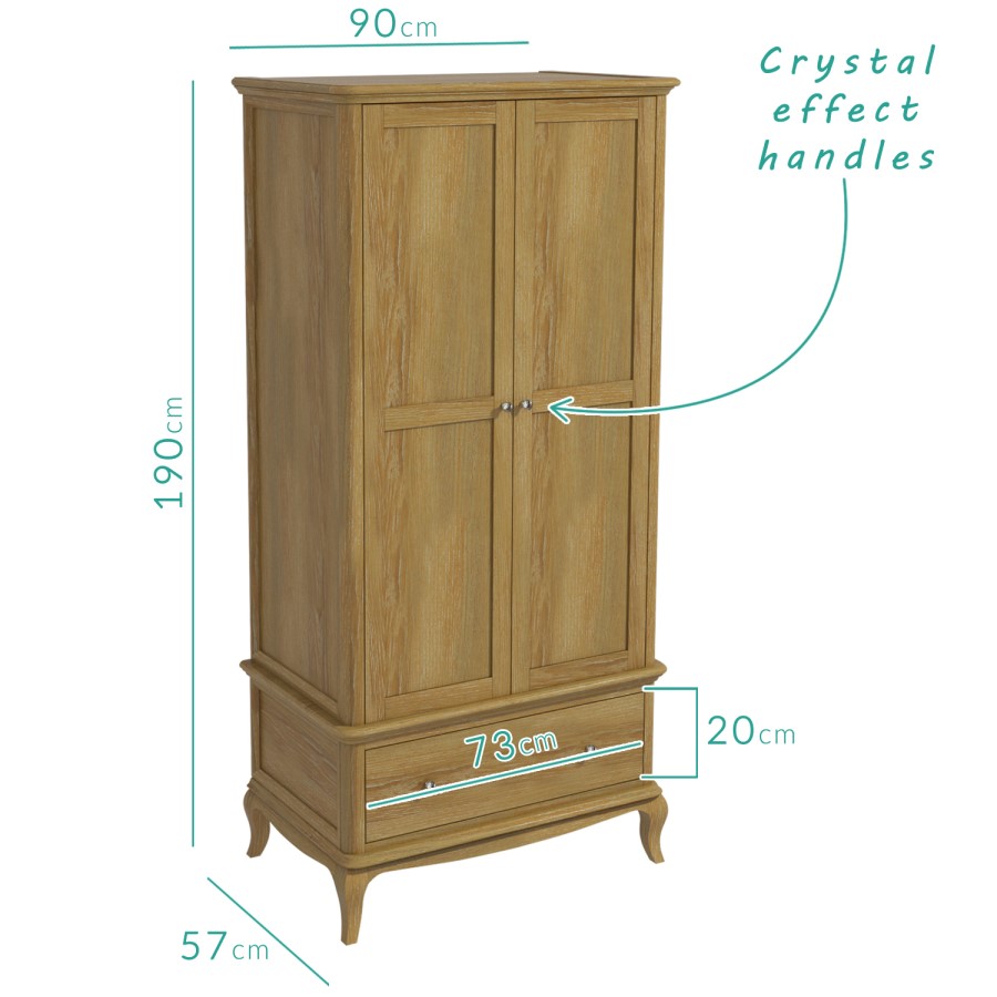 Fonteyn Solid Oak Wardrobe 2 Door 1 Drawer  - French Style