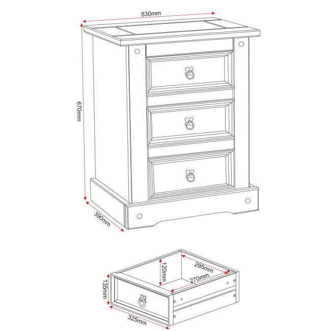 Corona Mexican 3 Drawer Bedside Table