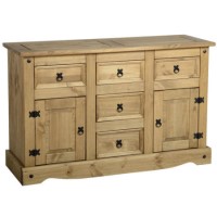 Seconique Original Corona Pine Sideboard with 2 Doors & 5 Drawers with Black Handles