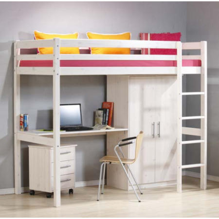 Thuka Minnie Solid Pine White Highsleeper Bed with Desk Wardrobe and Cabinet - without mattress