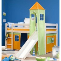 Thuka Minnie Solid Pine White Midsleeper Bed with Orange Tent Green Tower and Slide - without mattress
