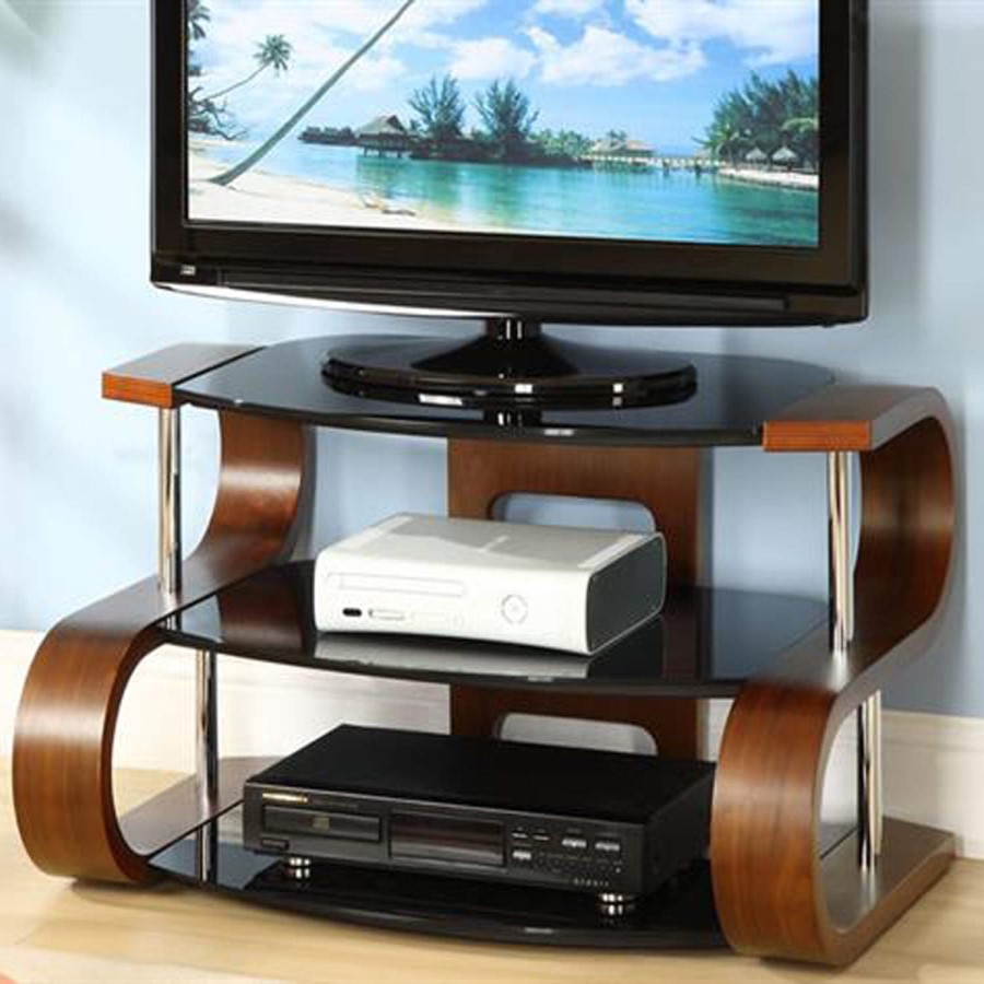 Jual Furnishings Harkin Black Glass TV Stand in Walnut