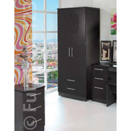 Welcome Furniture Knightsbridge High Gloss 2 Drawer 2 Door Wardrobe in Black