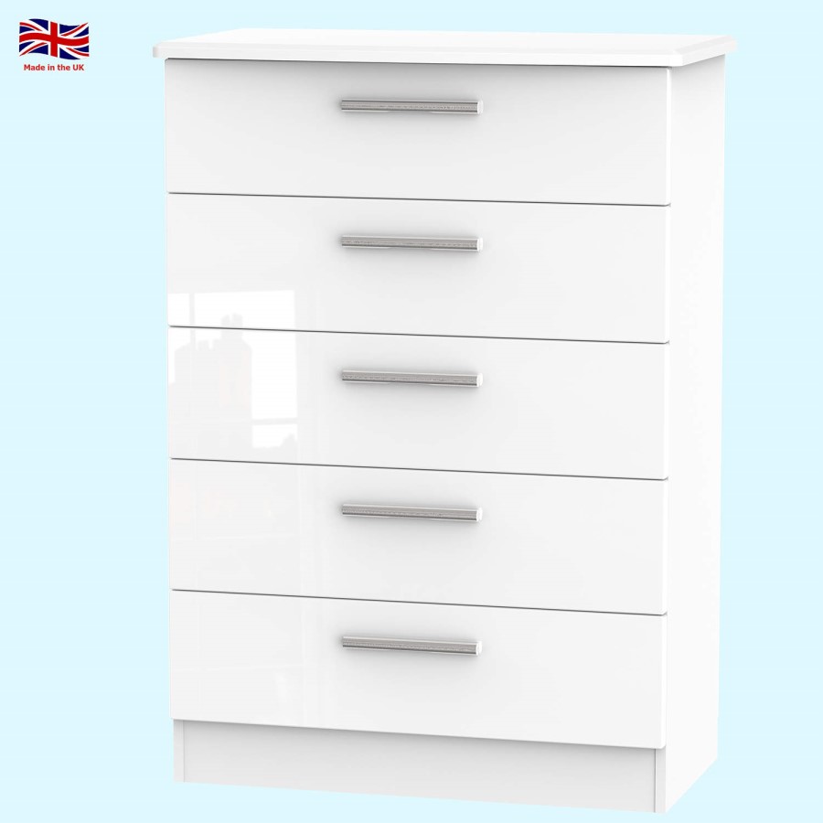 Welcome Furniture Knightsbridge High Gloss 5 Drawer Chest in White
