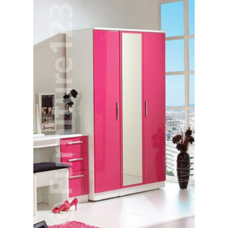 Hatherley High Gloss 3 Door Mirrored Wardrobe in White and Pink - 