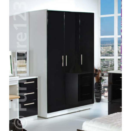 Hatherley High Gloss 3 Door Wardrobe in Black and White - black base white gloss