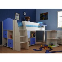 Stompa Rondo Kids White Midsleeper Bed in Blue with Desk and Double Storage