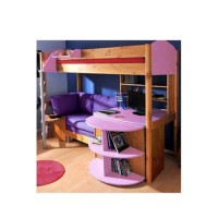 Stompa Combo Kids Natural Highsleeper Bed in Lilac with Lilac Denim Sofa Bed Desk Shelving and Storage 