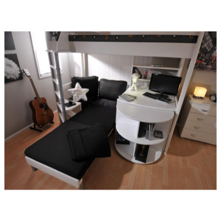 Stompa Casa Kids White Highsleeper Bed with Black Sofa Bed Desk Shelving and Storage 