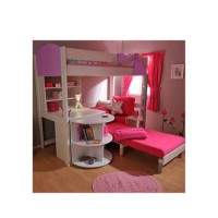 Stompa Combo Kids White Highsleeper Bed in Lilac with Lilac Sofa Bed Desk Shelving and Storage 