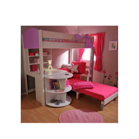 Stompa Combo Kids White Highsleeper Bed in Lilac with Lilac Sofa Bed Desk Shelving and Storage 