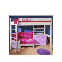 Stompa Combo Kids White Highsleeper Bed in Lilac with Blue Denim Sofa Bed Shelving and Storage 