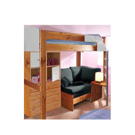 Stompa Casa Kids Natural Highsleeper Bed in White with Pink Sofa Bed Chest and Storage