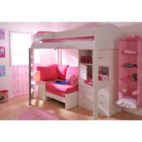 Stompa Casa Kids White Highsleeper Bed with Pink Sofa Bed Chest and Storage