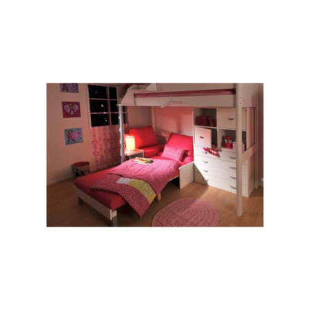 Stompa Casa Kids White Highsleeper Bed with Pink Sofa Bed Chest and Storage