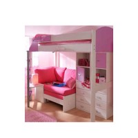 Stompa Casa Kids White Highsleeper Bed in Lilac with Pink Sofa Bed Chest and Storage