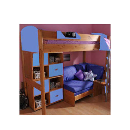 Stompa Combo Kids Natural Highsleeper Bed in Blue with Black Sofa Bed and Double Storage 