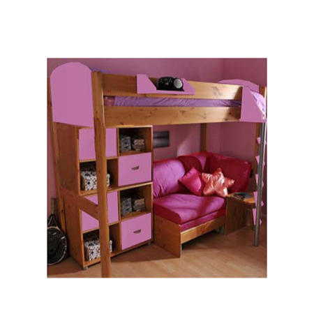 Stompa Combo Kids Natural Highsleeper Bed in Lilac with Pink Sofa