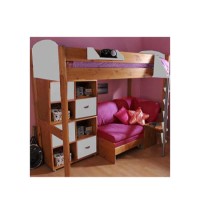 Stompa Combo Kids Natural Highsleeper Bed in White with Lilac Denim Sofa Bed and Double Storage 