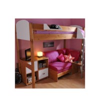 Stompa Combo Kids Natural Highsleeper Bed in White with Lilac Denim Sofa Bed and Storage