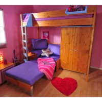 Stompa Casa Kids Natural Highsleeper Bed in Blue with Pink Sofa Bed and Wardrobe