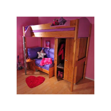 Stompa Casa Kids Natural Highsleeper Bed in Lilac with Pink Sofa Bed and Wardrobe 