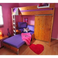 Stompa Combo Kids Natural Highsleeper Bed in White with Lilac Denim Sofa Bed and Wardrobe 