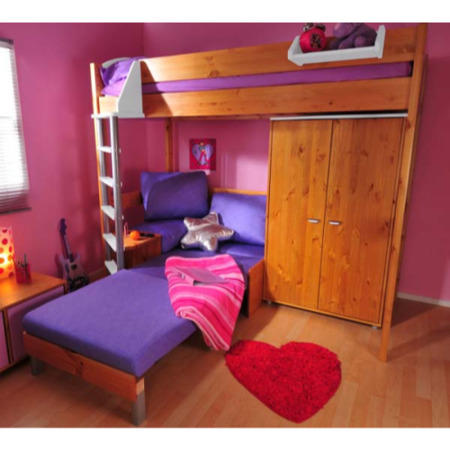 Stompa Combo Kids Natural Highsleeper Bed in White with Lilac Denim Sofa Bed and Wardrobe 