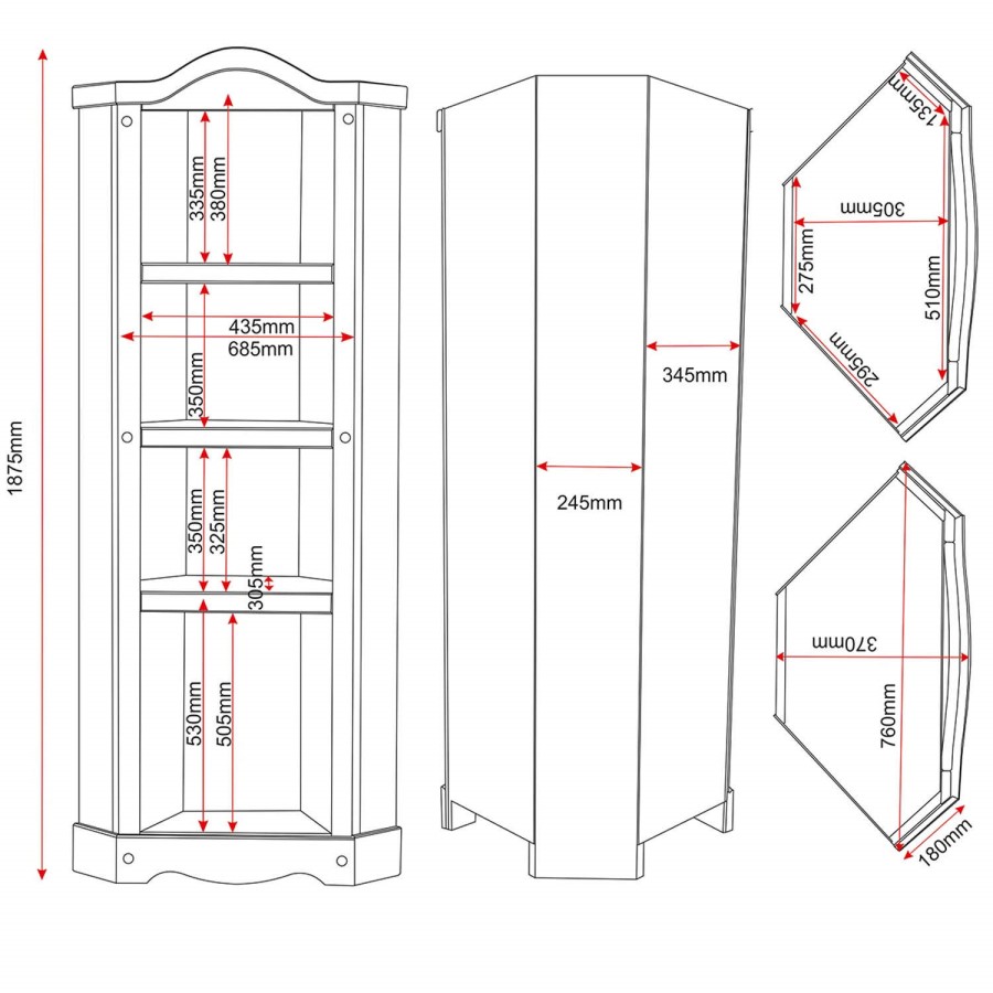 Corner Display Unit in Pine with 3 Shelves & Cupboard - Corona