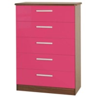 Welcome Furniture Hatherley High Gloss 5 Drawer Chest in Walnut and Pink