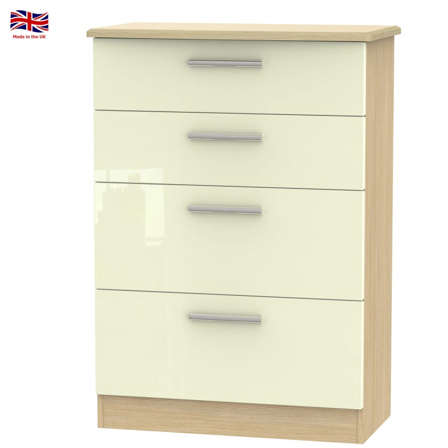 Knightsbridge High Gloss Large 4 Drawer Chest in Oak and Cream
