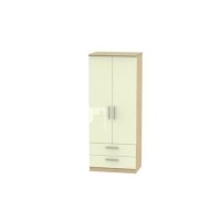 Knightsbridge High Gloss 2 Drawer 2 Door Wardrobe in Oak and Cream