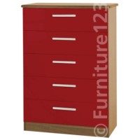 Welcome Furniture Hatherley High Gloss 5 Drawer Chest in Oak and Red