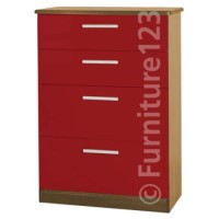 Welcome Furniture Hatherley High Gloss Large 4 Drawer Chest in Oak and Red
