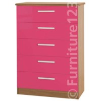 Welcome Furniture Hatherley High Gloss 5 Drawer Chest in Oak and Pink