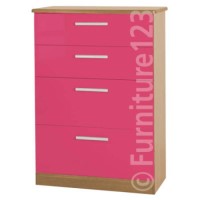 Welcome Furniture Hatherley High Gloss Large 4 Drawer Chest in Oak and Pink