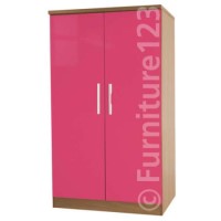 Welcome Furniture Hatherley High Gloss 2 Door Low Wardrobe in Oak and Pink