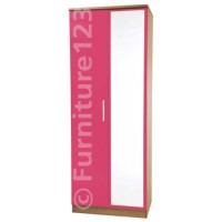 Welcome Furniture Hatherley High Gloss 2 Door Mirrored Wardrobe in Oak and Pink