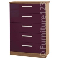 Welcome Furniture Hatherley High Gloss 5 Drawer Chest in Oak and Purple