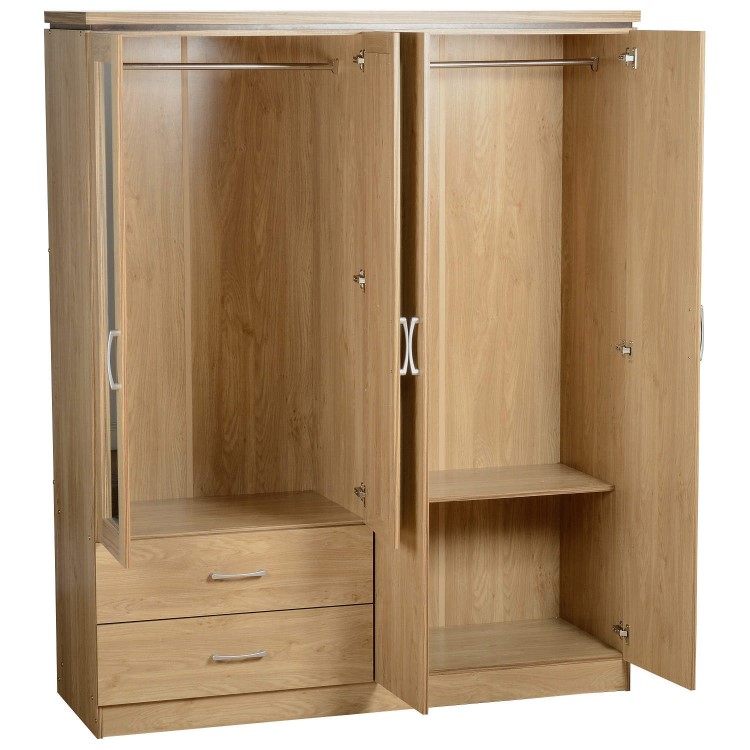 Seconique Charles 4 Door 2 Drawer Mirrored Wardrobe in Oak