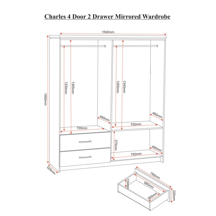 Seconique Charles 4 Door 2 Drawer Mirrored Wardrobe in Oak | Furniture123