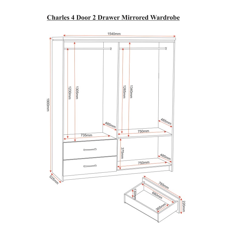 Seconique Charles 4 Door 2 Drawer Mirrored Wardrobe in Oak