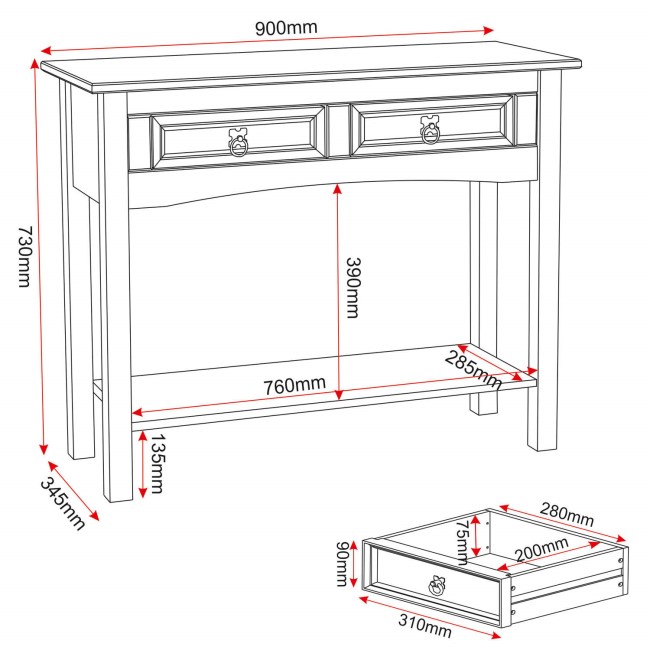 Seconique Original Corona Pine 2 Drawer Console Table with Shelf