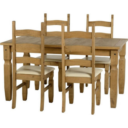 Dining Table & 4 Chairs in Solid Pine with Cream Faux Leather - Corona
