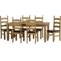 Dining Table & 6 Chairs in Pine with Faux Brown Leather - Corona Dining Table & 6 Chairs in Pine with Faux Brown Leather - Corona