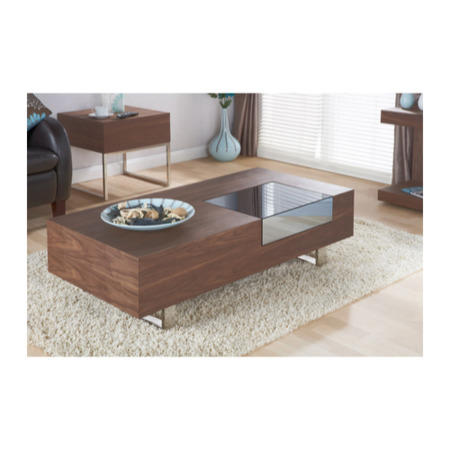Cube Coffee Table in Walnut with Tinted Mirror Drawer