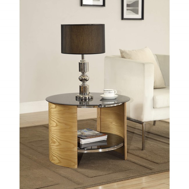 Jual Furnishings Curve Round Lamp Table in Oak and Black Glass