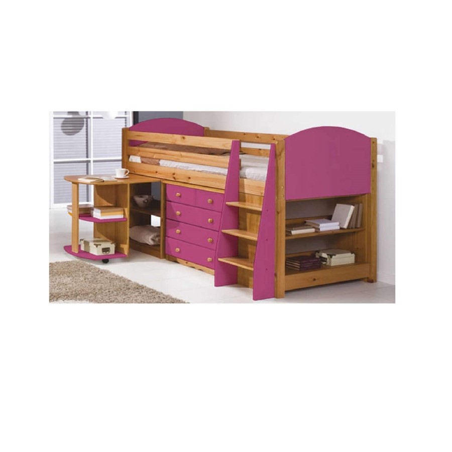 Verona Design Verona Mid-Sleeper Bedroom Set with Pull Out Desk in Antique Pine and Fuchsia